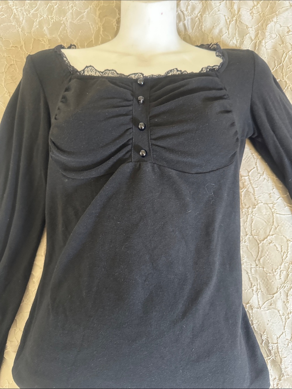 Black Lace-Trim Long Sleeve Ruched Front Top